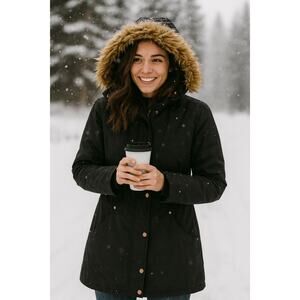 Lark & Ro Black Coat, Hooded Winter Jacket XS